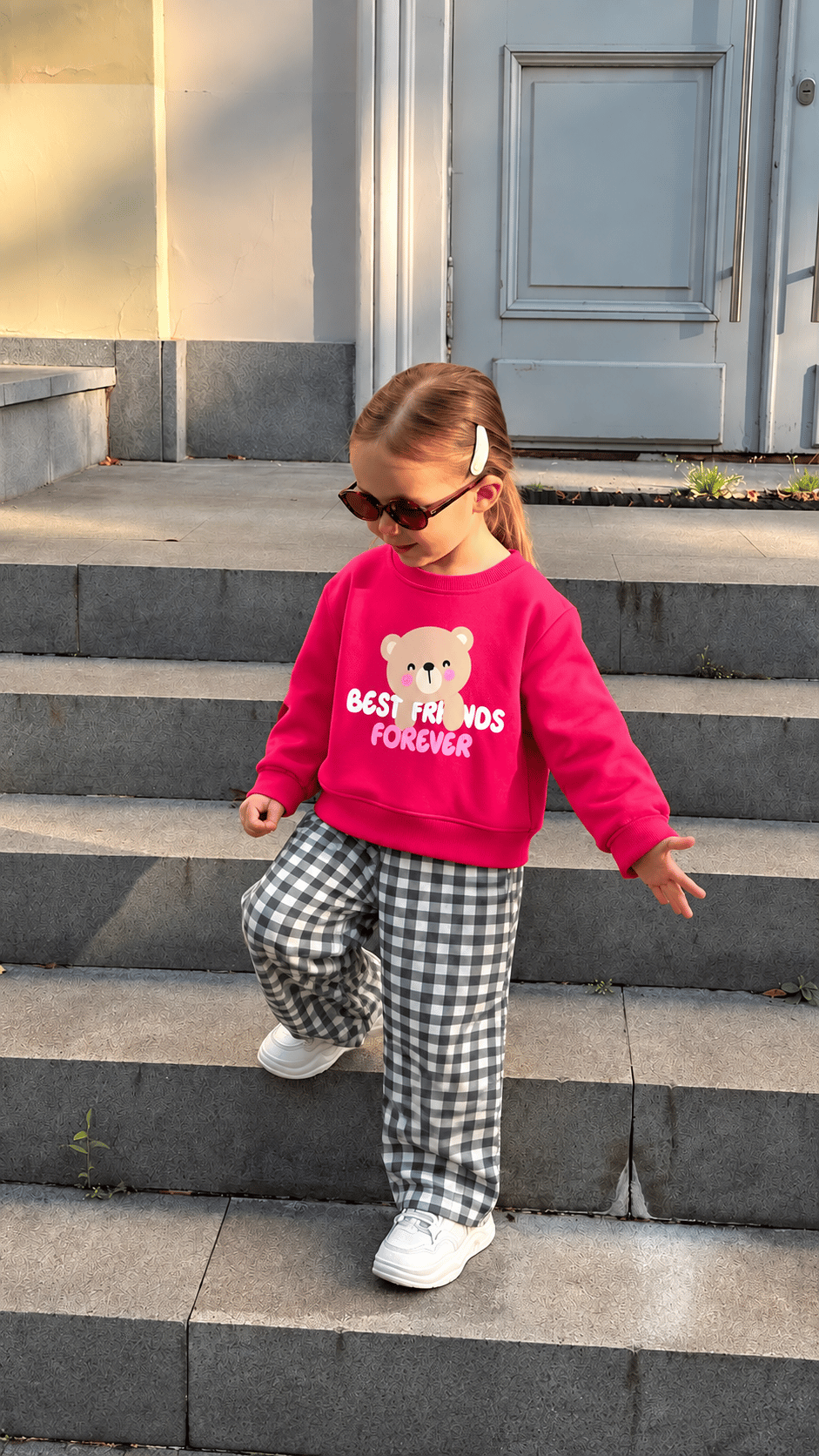 Kız Çocuk Ön Arka Bear Baskılı Sweatshirt Alt kareli Dokuma Denim Kot Pantolon Alt Üst Takım