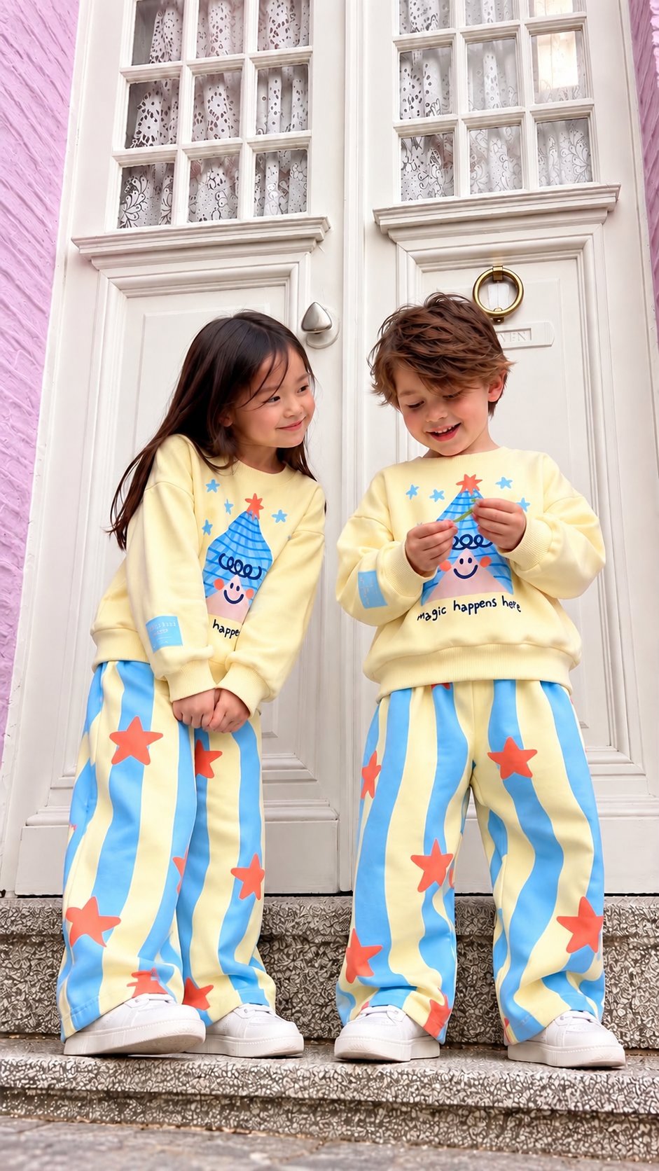Unisex Magic Yıldız Baskılı Sweatshirt Çizgili Eşofman Alt Üst Takım