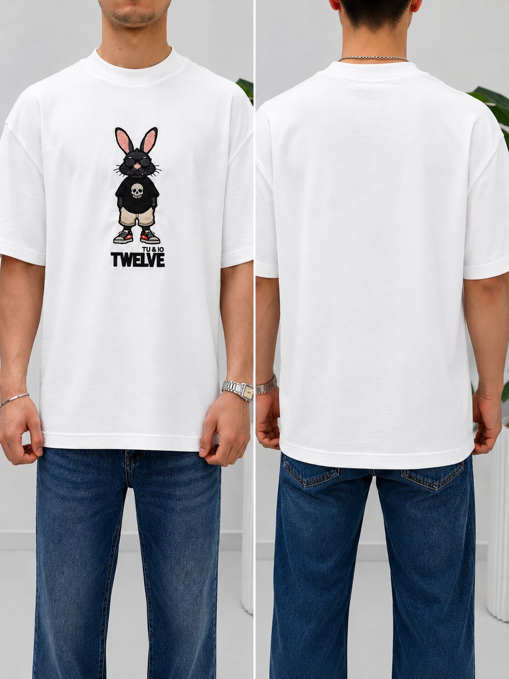 2512 Beyaz Nakışlı Amerikan Oversize T-Shirt