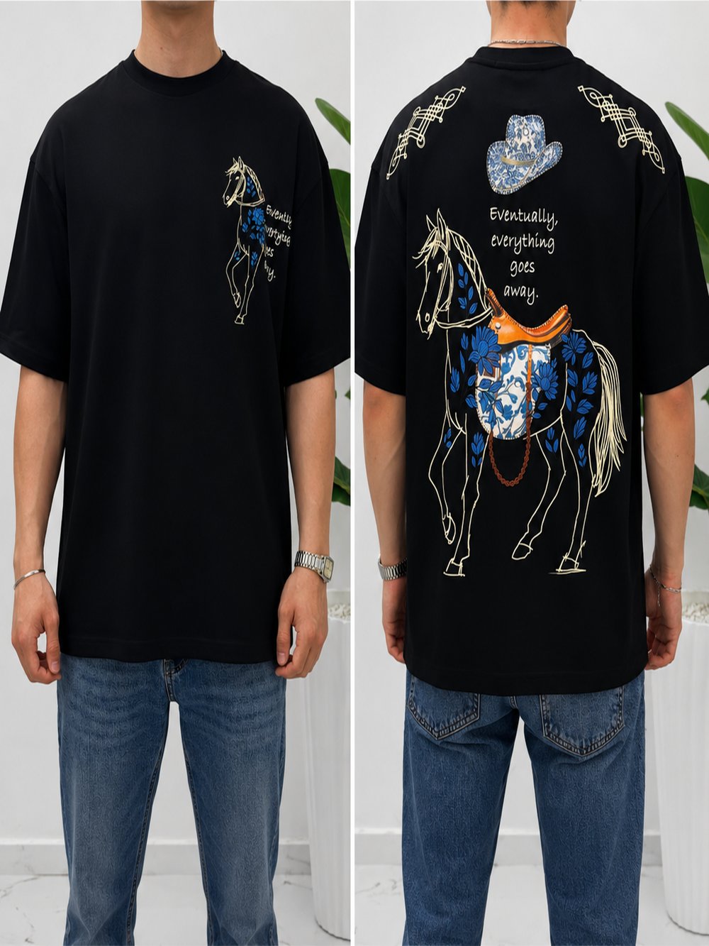 2512 Siyah Nakışlı Amerikan Oversize T-Shirt