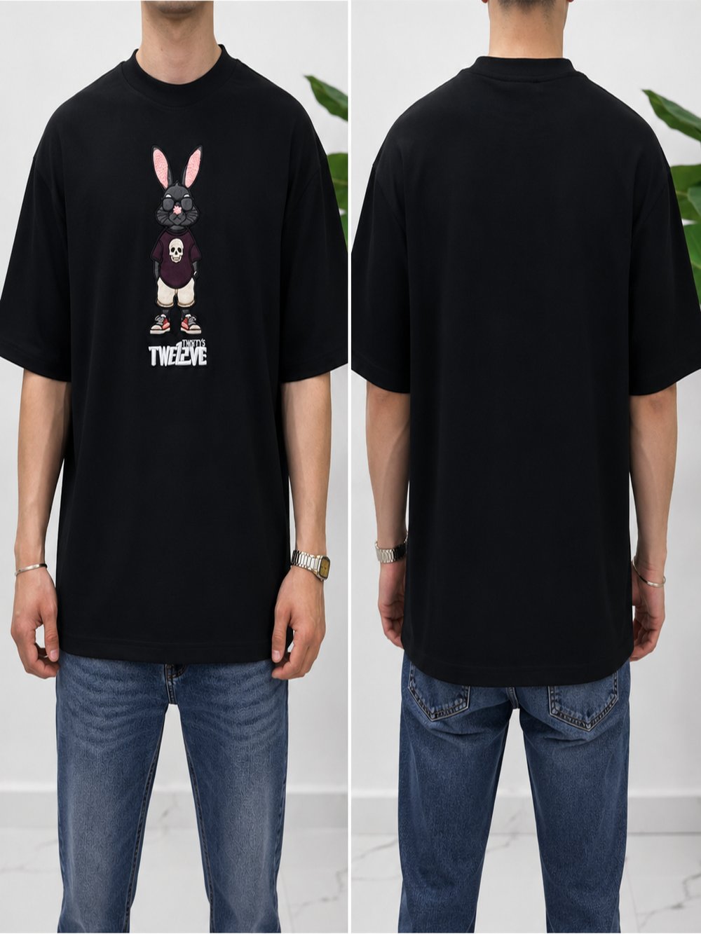 2512 Siyah Nakışlı Amerikan Oversize T-Shirt