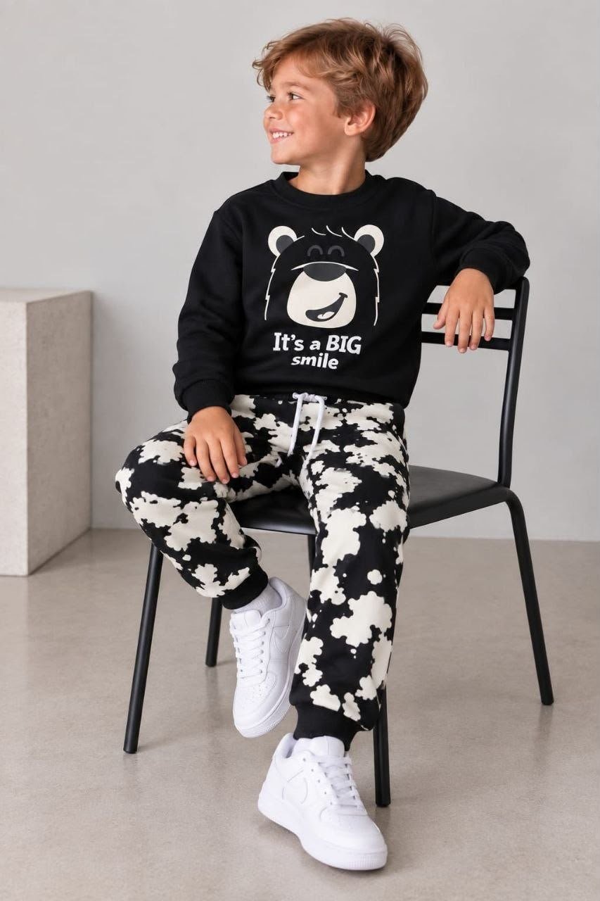 Ayı Baskılı Erkek Çocuk Sweatshirt & Desenli Eşofman Altı Siyah Alt Üst Takım