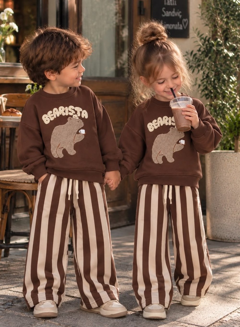Bearista Ayı Baskılı Sweatshirt Çizgili Eşofman 3ip Alt Üst İkili Takım