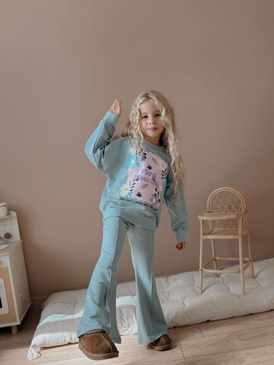 Cg Kids Floral Vibes Baskılı Su Yeşili Kız Çocuk 2 İplik Alt Üst Takım Süper Kalite Kumaş İspanyol Paça