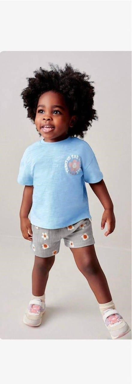 Cg Kids Kabartma Baskılı T-Shirt Müslin Çiçekli Şort Ikili Kız Çocuk Alt Üst Takım