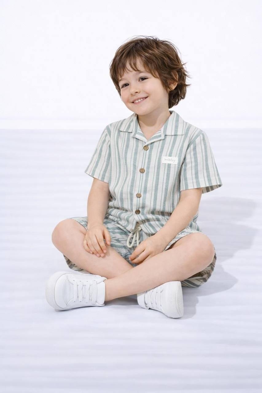 Cg Kids Keten Çizgi Desenli Kaliteli Kumaş Erkek Çocuk Alt Üst Takım
