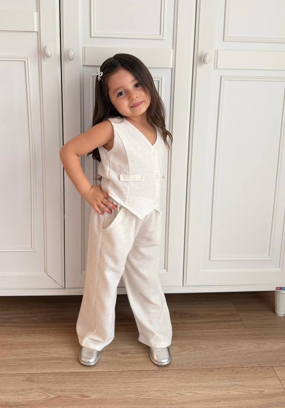 Cg Kids Keten Simli Kız Çocuk Alt Üst Takım Süper Kalite Ekru