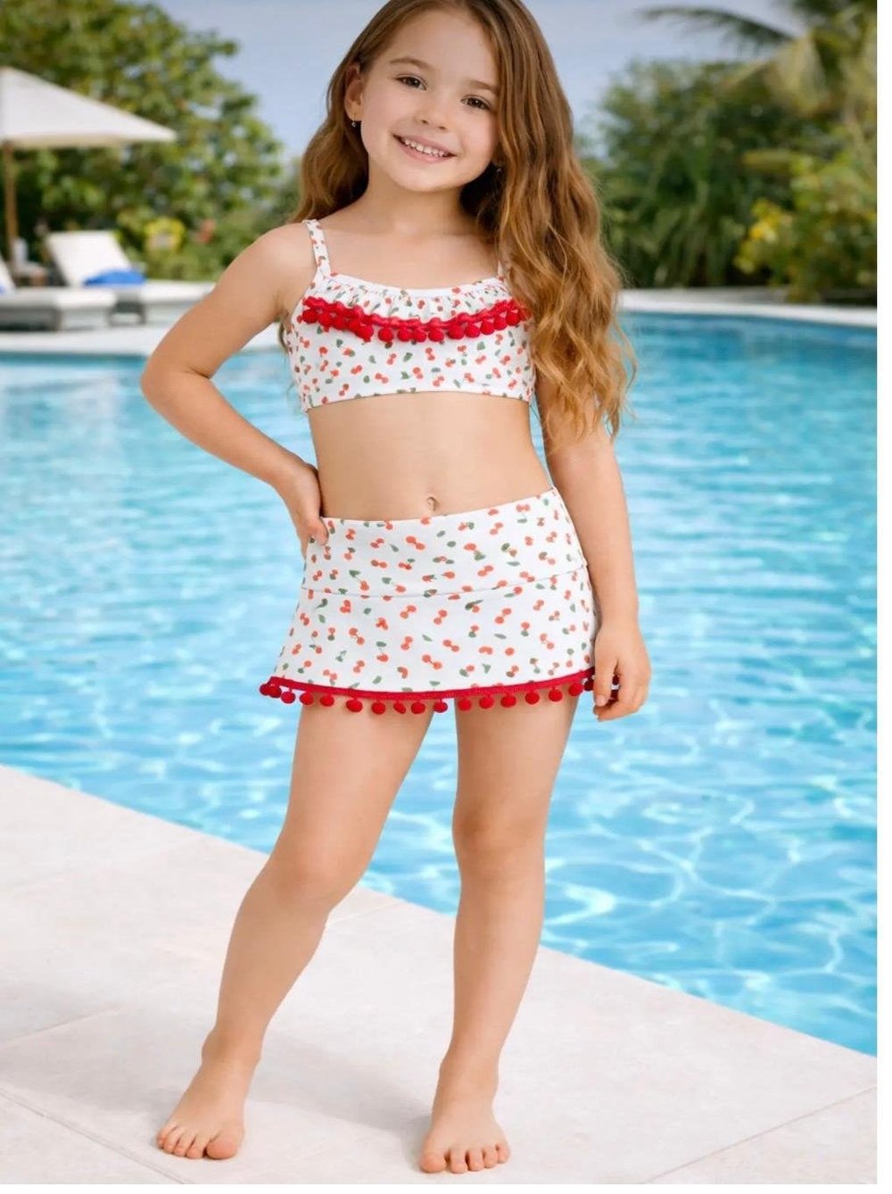 Cg Kids Kiraz Desenli Bikini Takımı Fırfırlı Etekli Mayo Kız Çocuk Alt Üst Takım