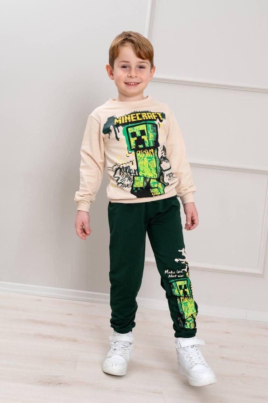 Cg Kids Minecraft Creeper Erkek Çocuk 2 İplik Alt Üst Takım Süper Kalite Kumaş Kabartma Baskı