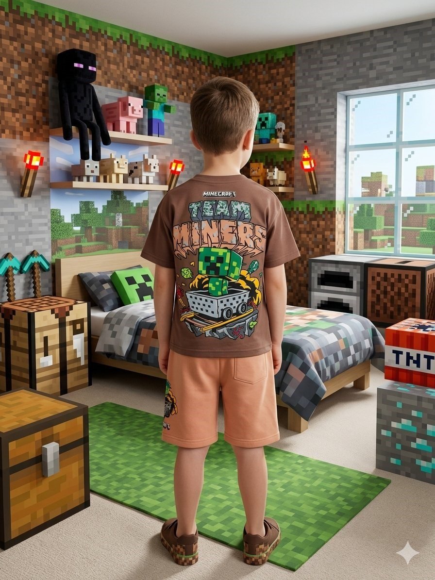 Cg Kids Minecraft Erkek Çocuk Tshirt&Şort Alt Üst Takım Süper Kalite Sırt Baskı Detay