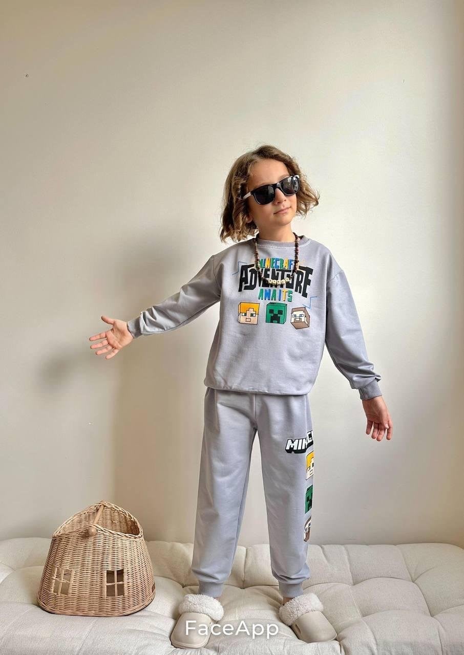 Cg Kids Minecraft Gri Erkek Çocuk 2 Iplik Alt Üst Takım Süper Kalite Kumaş
