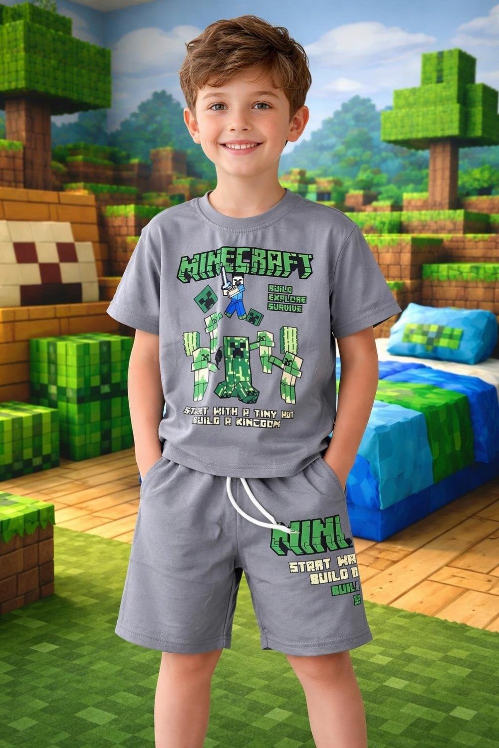Cg Kids Minecraft Sof Gri Tshirt & Şort Alt Üst Takım Süper Kalite Sırt Baskı Detay