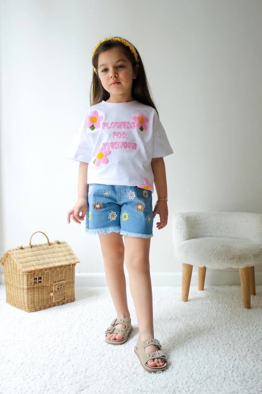 Cg Kids Nakışlı Flowers Çiçek Nakışlı T-Shirt Jean Püskül Paça Şort Nakışlı Detay Kız Çocuk Alt Üst Takım