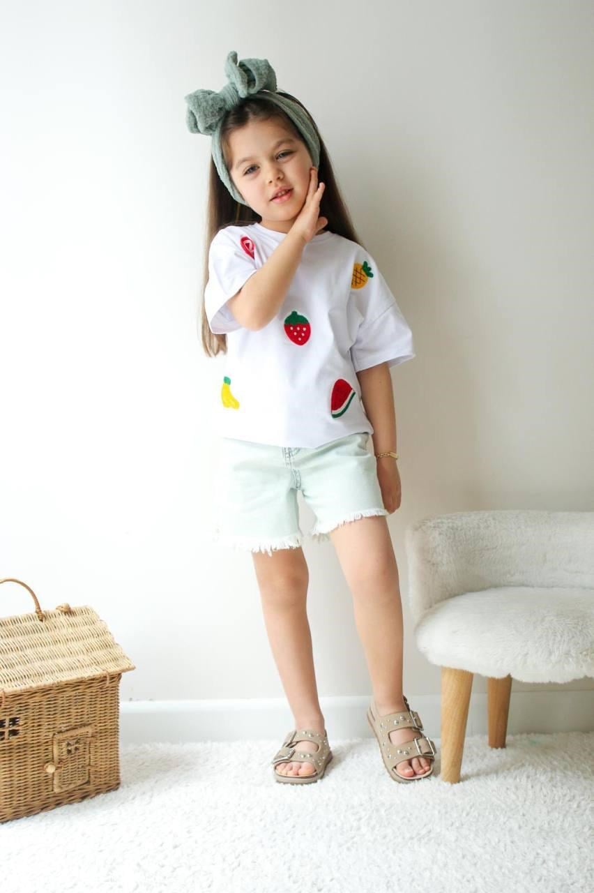 Cg Kids Nakışlı Meyve Basic Kot Şort Püskül Paça Arka Cep Nakış Detay Kız Çocuk Alt Üst Takım