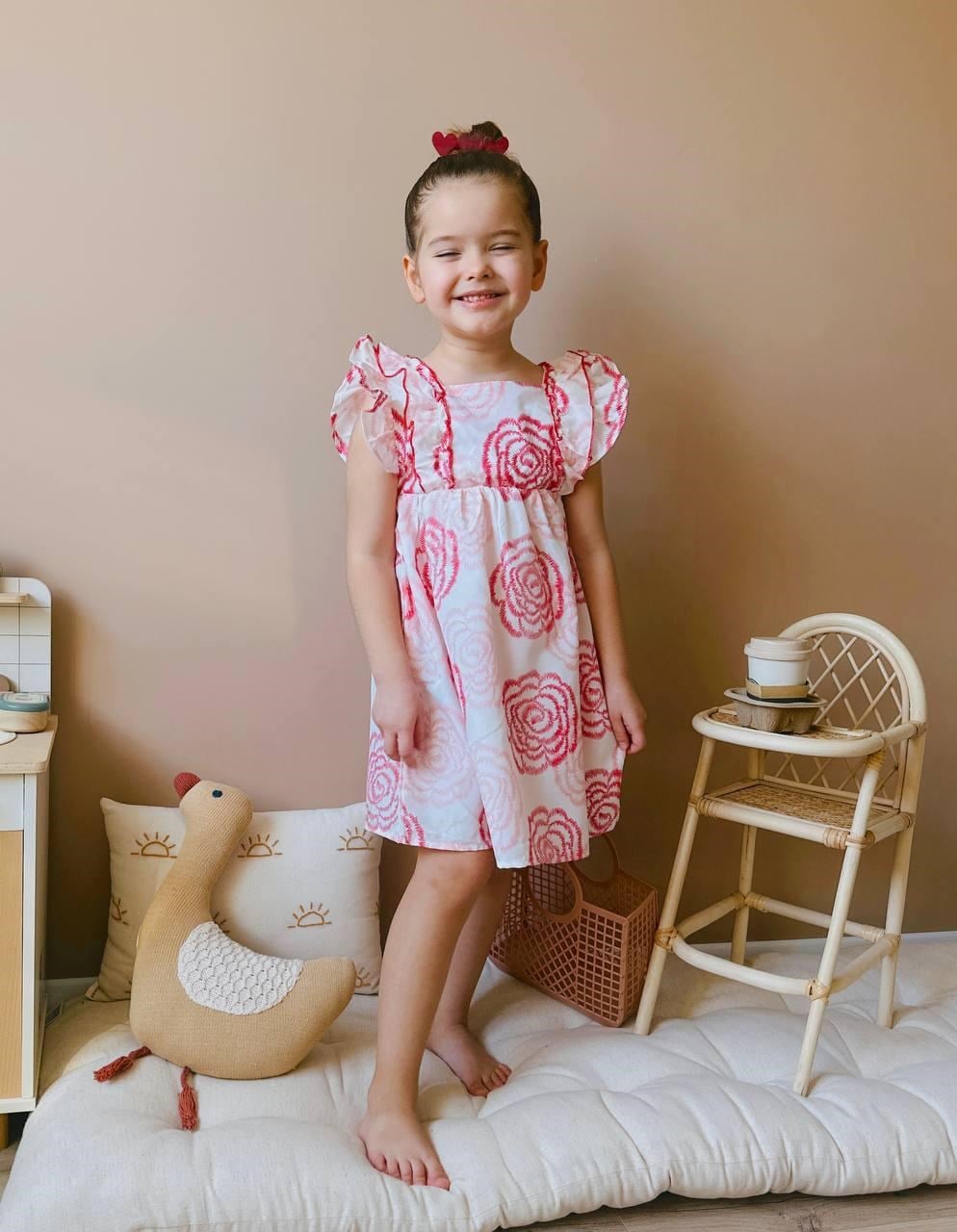 Cg Kids Pembe Pudra Renk Tonlarında Çiçek Tasarımlı Harika Keten Pamuk Elbise Kız Çocuk