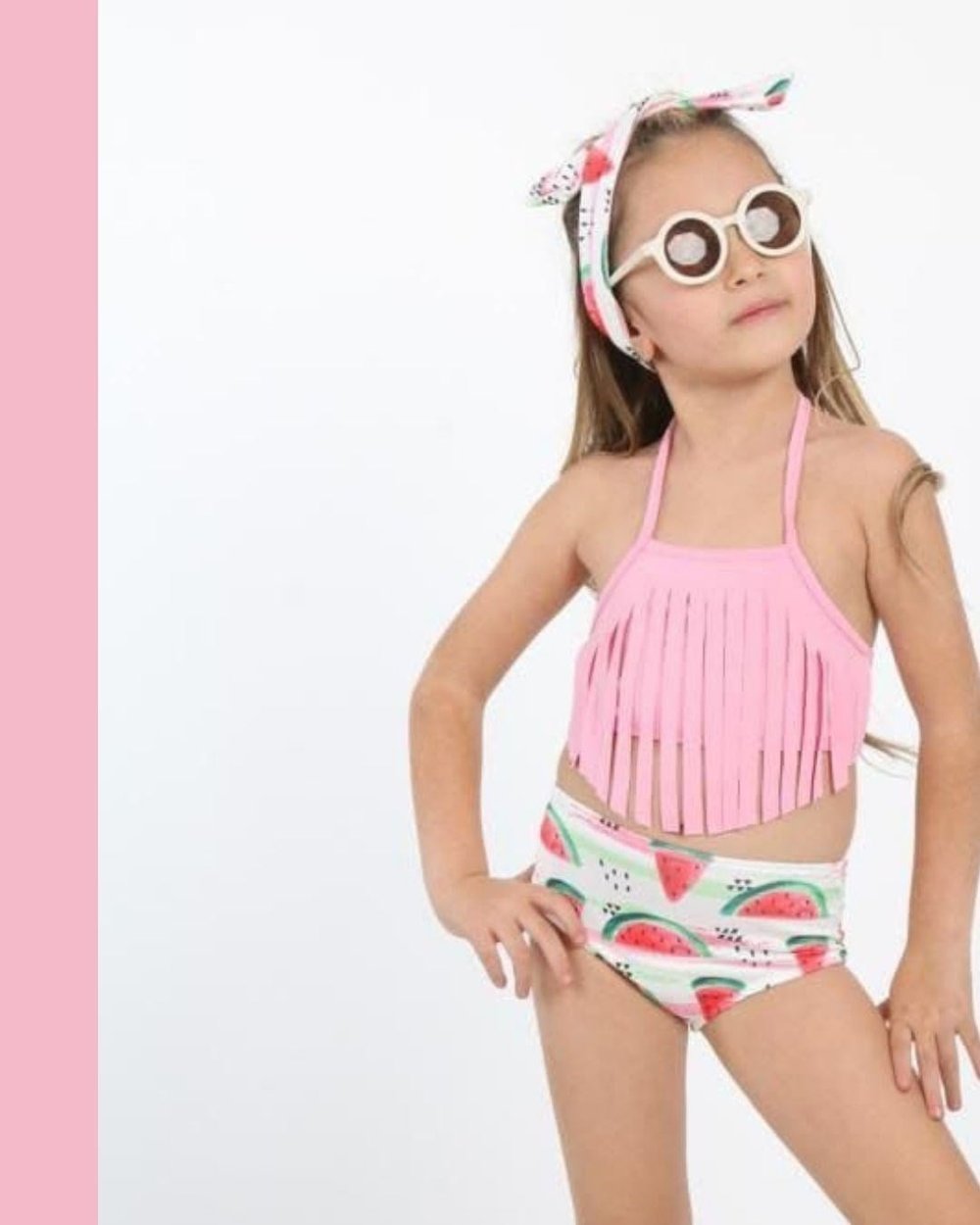Cg Kids Püsküllü Karpuz Mayo Saç Bağlama Bantı ile 3 Lü Takım Kız Çocuk Mayo Bikini