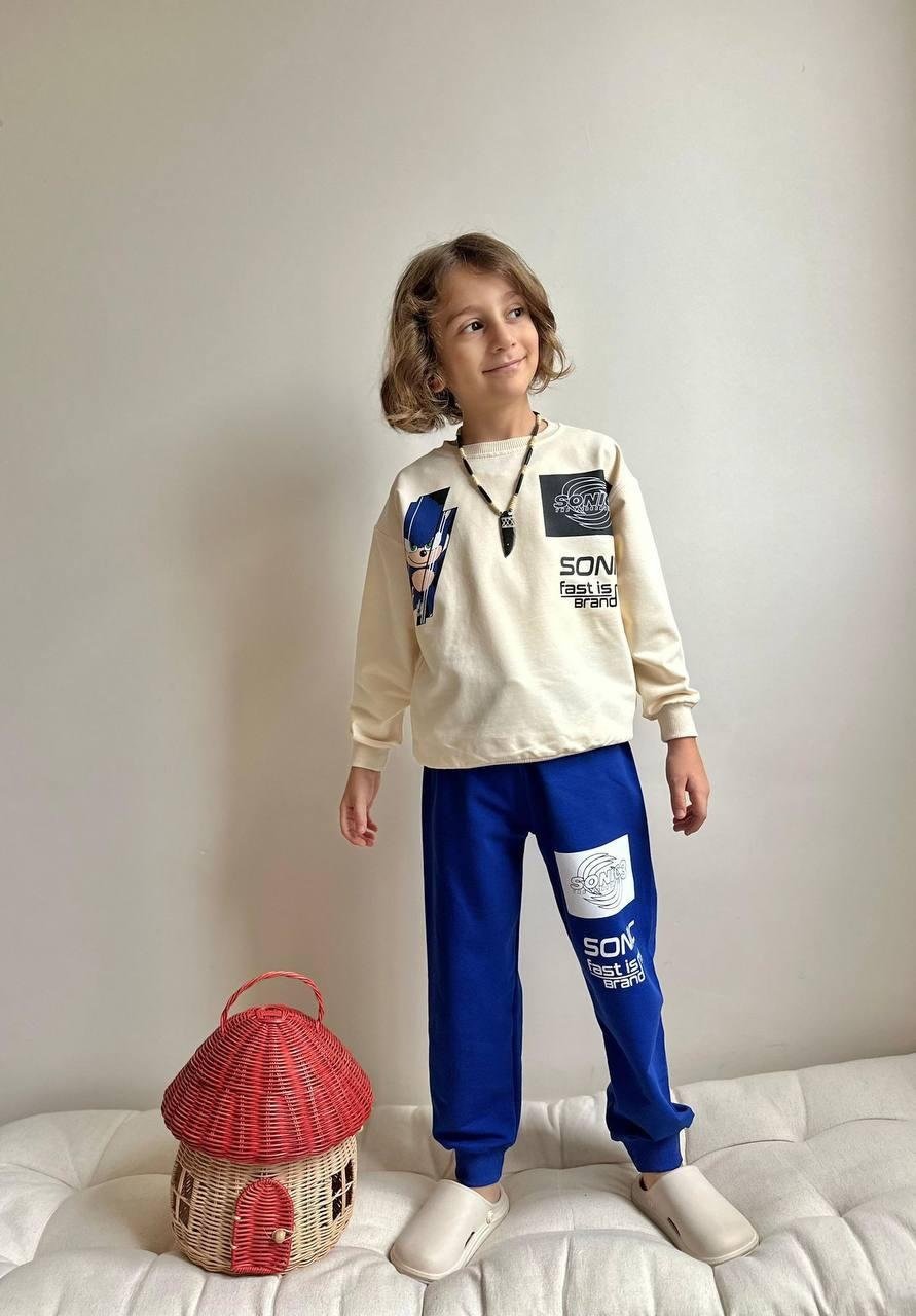 Cg Kids Sonic Baskılı 2 Iplik Erkek Çocuk Alt Üst Süper Tarz Takım Krem Sırt Baskı Detay