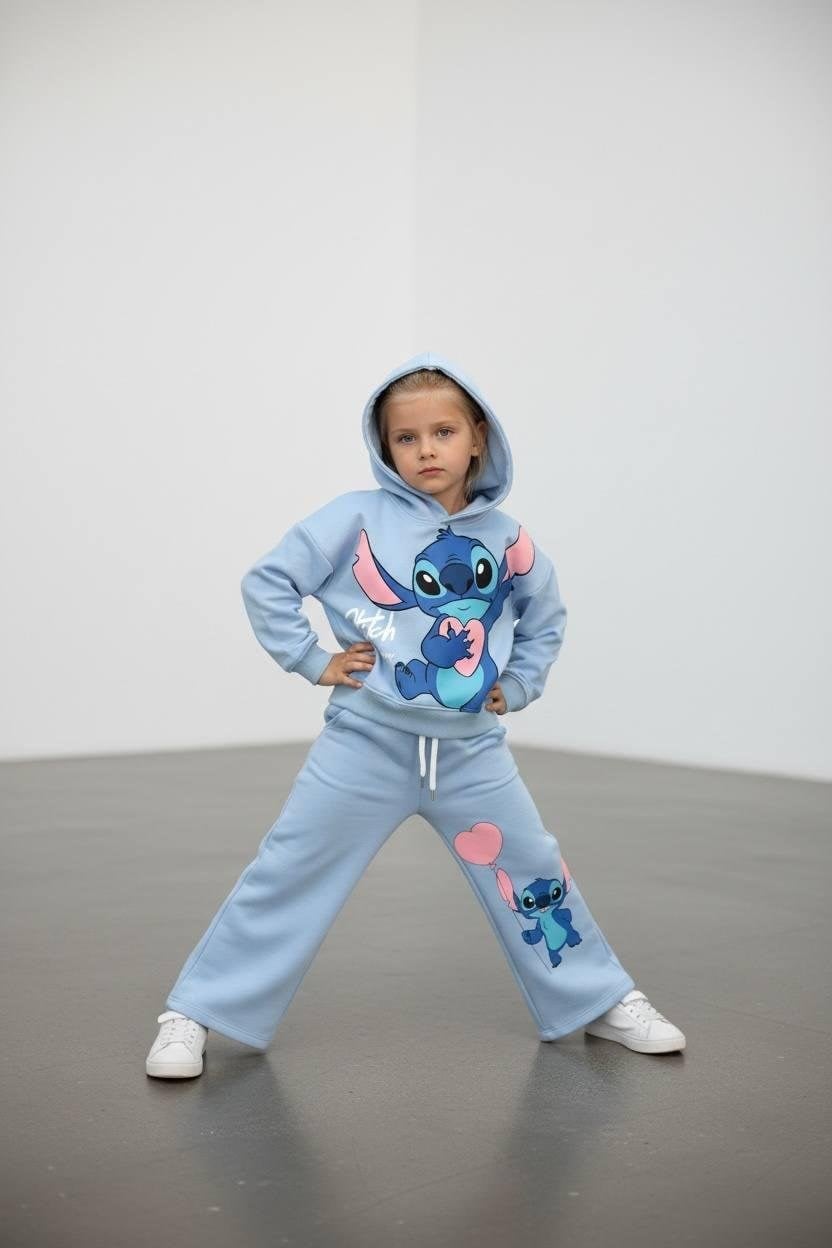 Cg Kids Stitch Temalı İspanyol Paça 2 İplik Kız Çocuk Alt Üst Eşofman Takım Süper Kalite