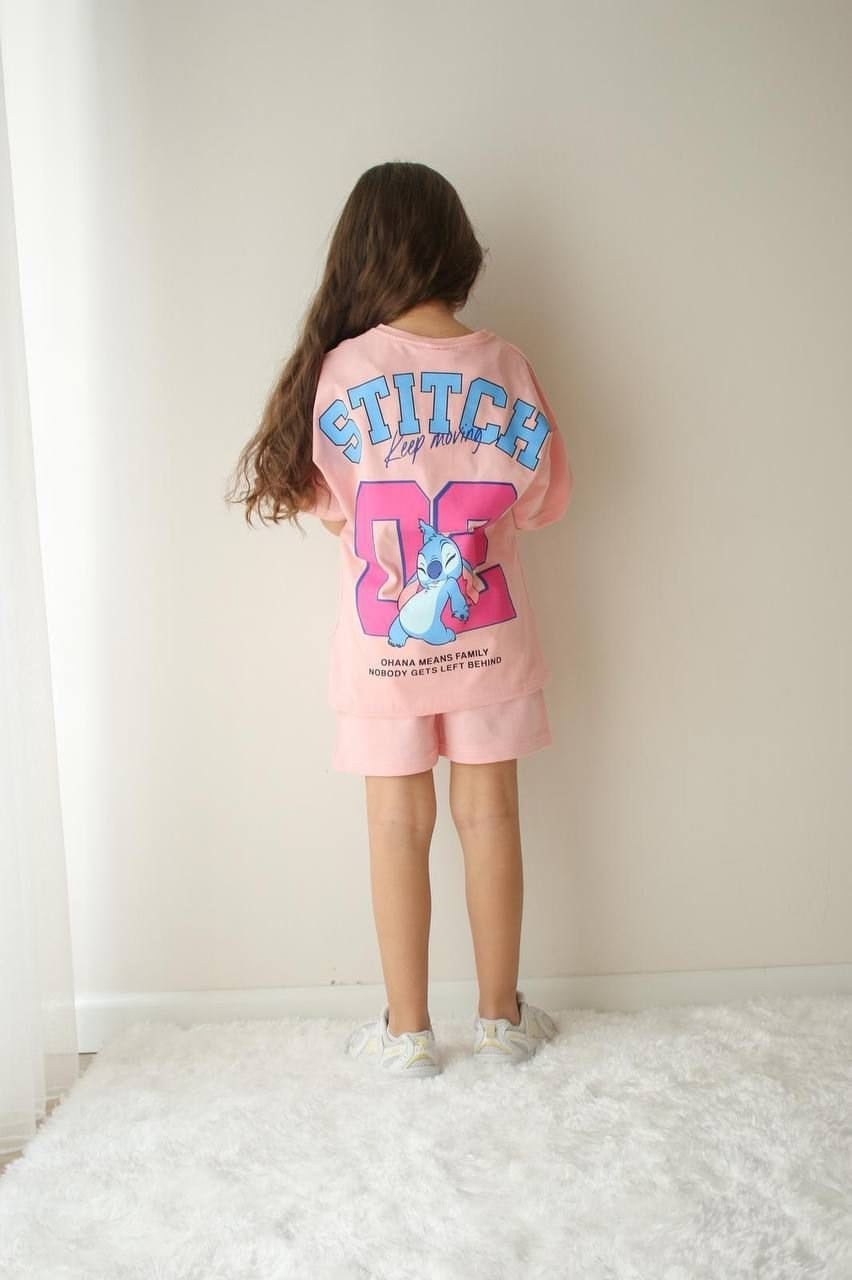 Cg Kids Stitch Temalı Sırt Baskı Detay Kız Çocuk Tshirt Şort Alt Üst Takım