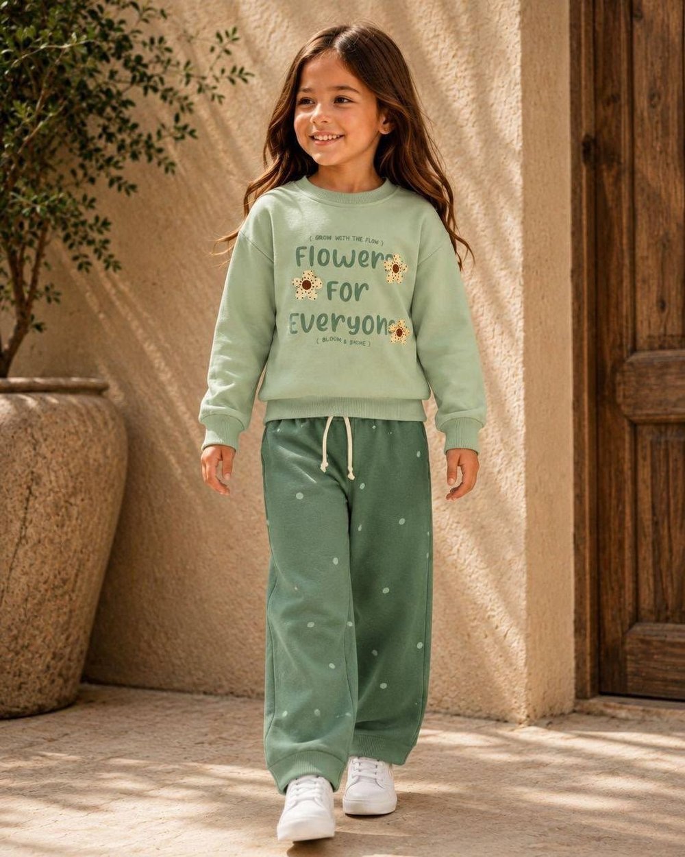 Çiçek Desenli Kabartma Flower Yazılı Mint Yeşili Sweatshirt ve Puantiye Baskı Detaylı Eşofman Alt ÜsTakım
