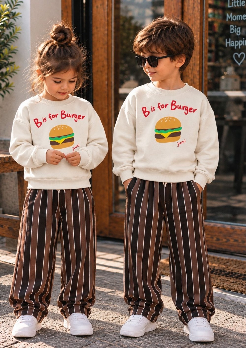 Hamburger Baskılı Sweatshirt ve Çizgili Eşofman Kız & Erkek Çocuk 3ip Alt Üst Takım