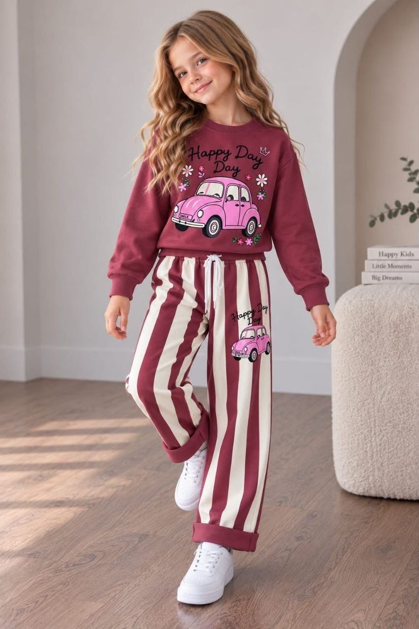 Happy Day Vosvos Araba Baskılı Gül Kurusu Sweatshirt & Eşofman Altı Kız Çocuk Alt Üst Takım