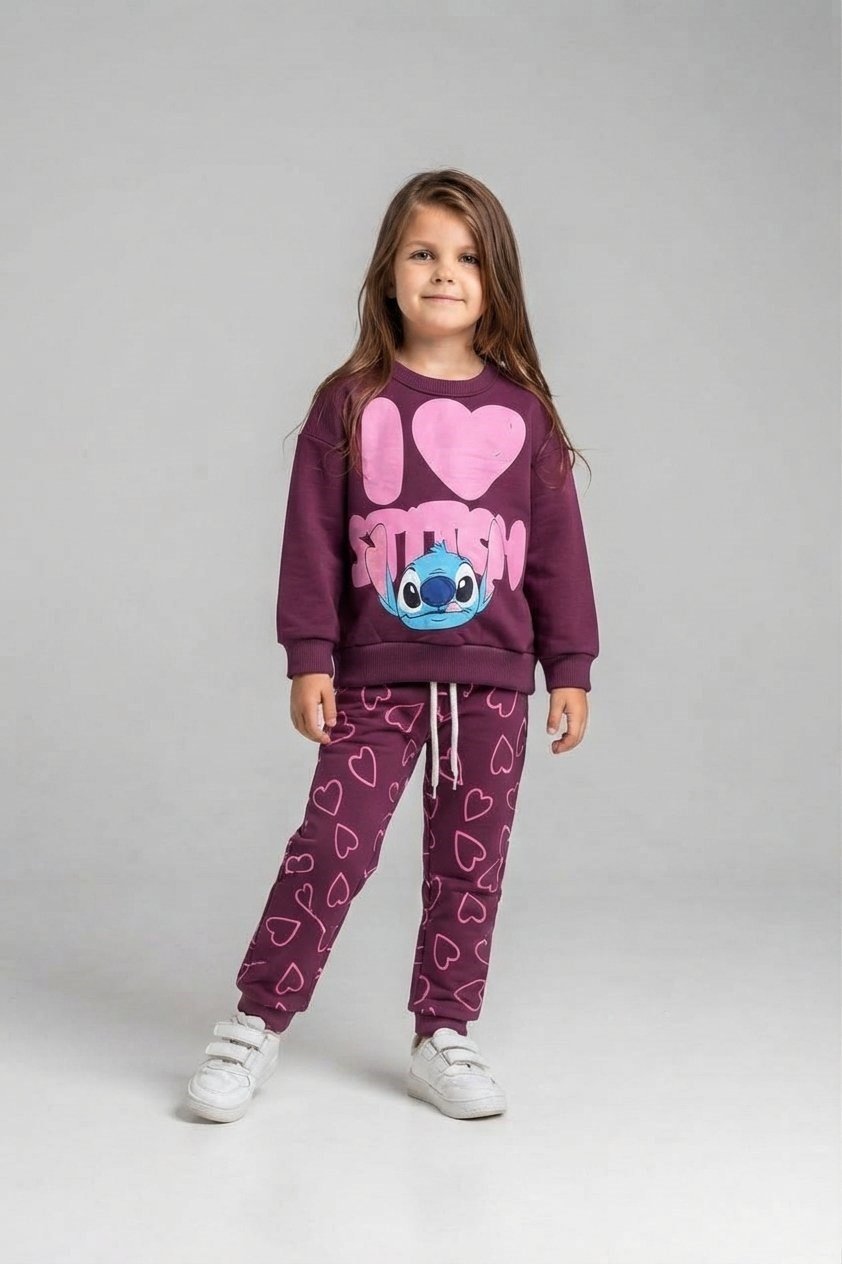 Kalp Baskılı ve Figürlü 3İplik Kız Çocuk Sweatshirt & Eşofman Alt Üst Takım