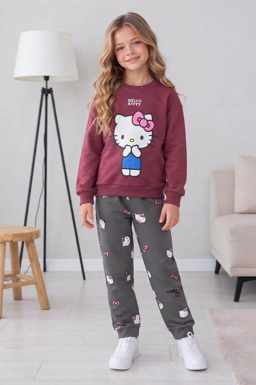 Karakter Desen Baskılı Bordo Sweatshirt ve Gri Desenli Eşofman Alt Üst 2 İplik Kız Çocuk Takım