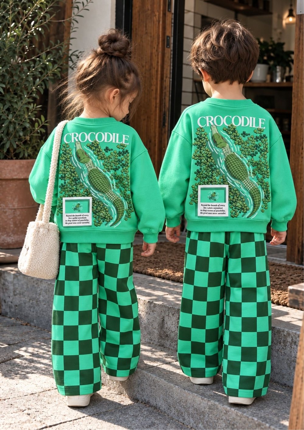 Timsah Kabartma Baskılı Sweatshirt Kareli Eşofman Kız & Erkek Çocuk 3İp Alt Üst Takım