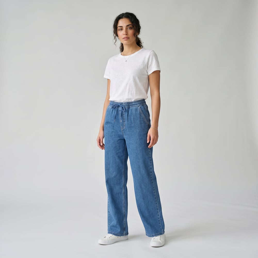 Koyu Mavi Beli Lastikli Jeans