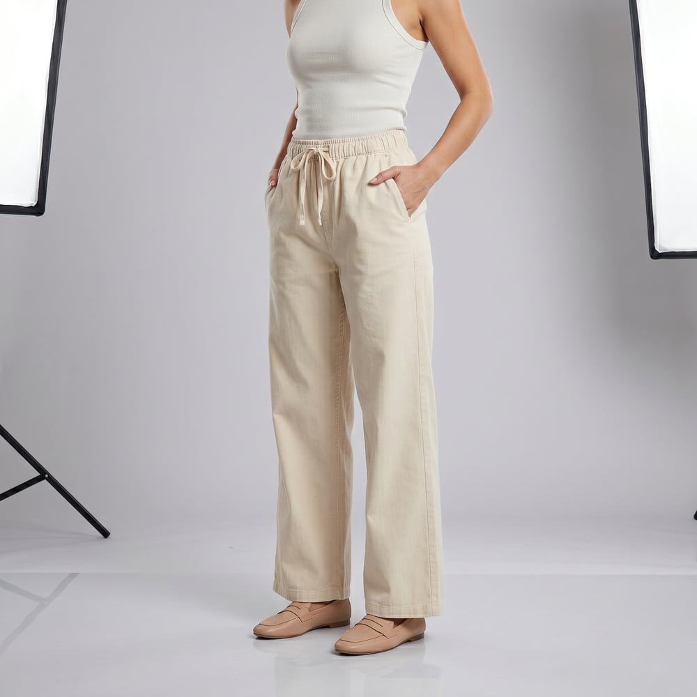 Krem Beli Lastikli Jeans