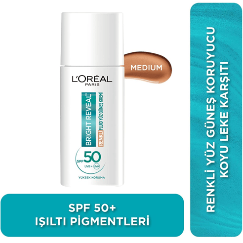 LOREAL PARIS Bright Reveal Spf 50+ Koyu Leke Karşıtı Renkli Fluid Günlük Yüz Güneş Kremi 50 ml - Medium
