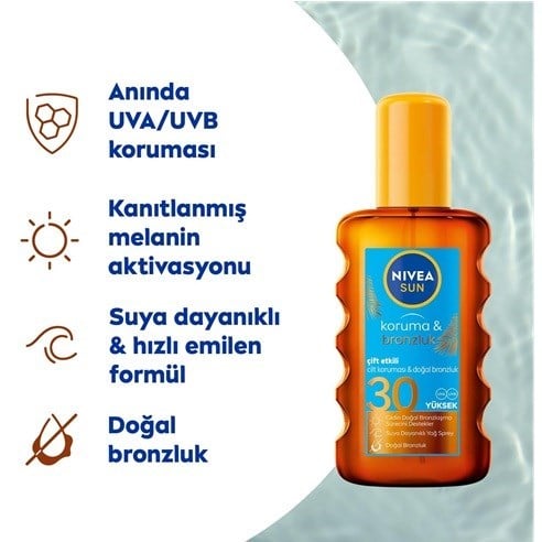 NIVEA Sun SPF30 Koruma & Bronzluk Güneş Yağı Spreyi 200 ml,  Güneş Sonrası Sprey 200ml
