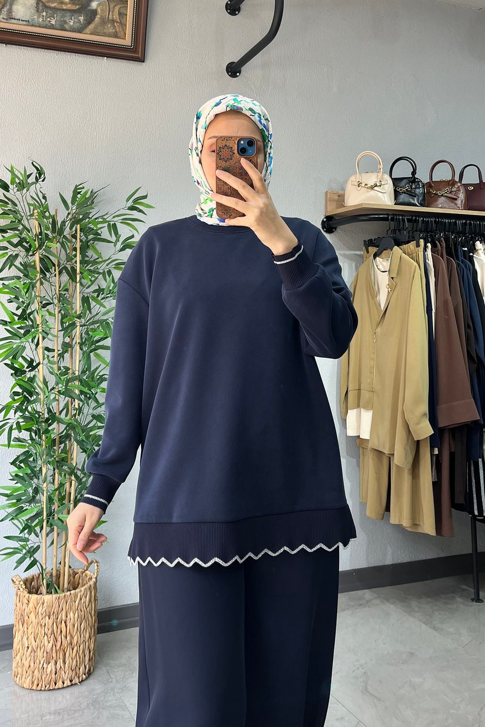 Tığ Triko Dilim Detaylı Oversize Tunik Lacivert