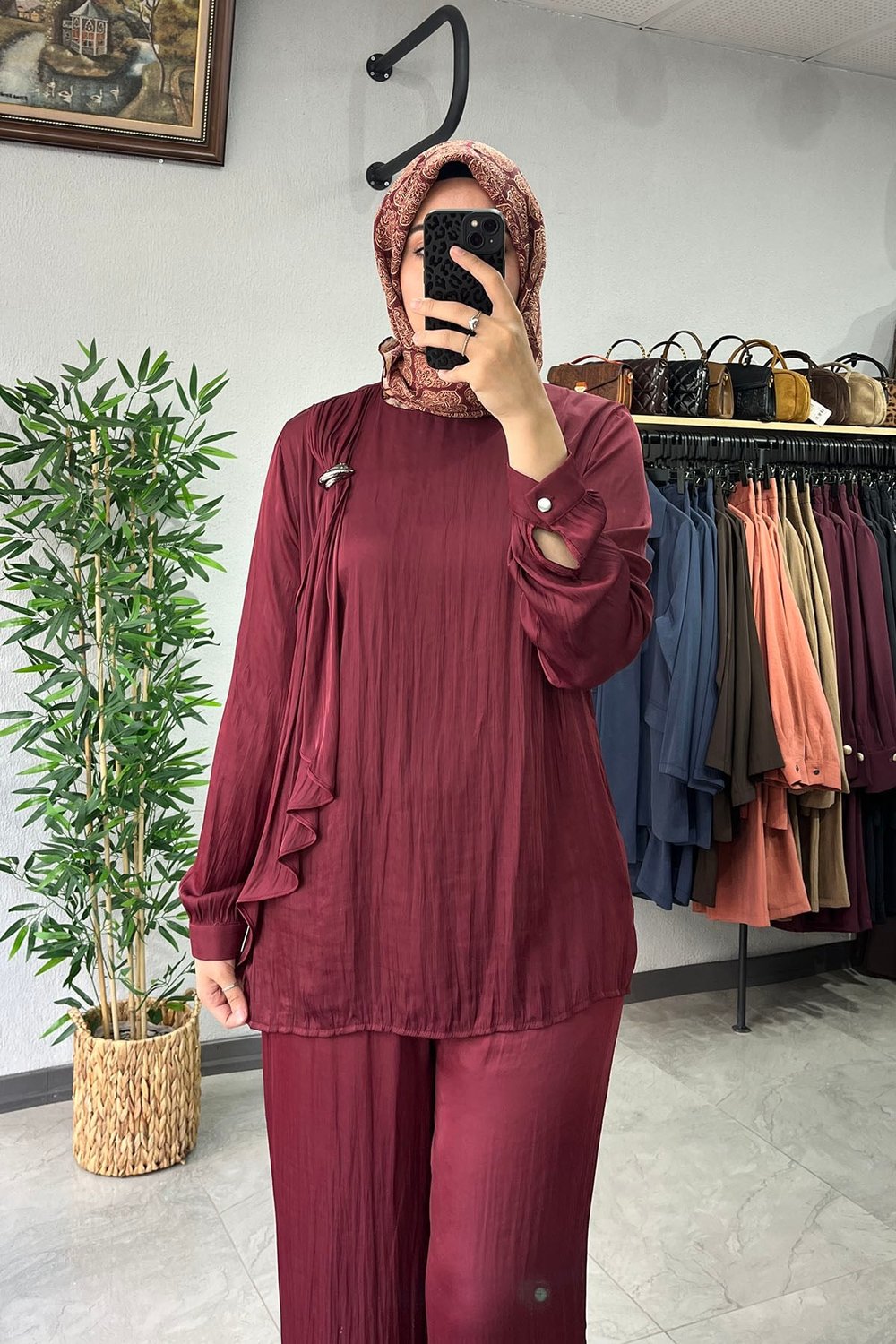 Tığ Triko Fular Detaylı Pantolonlu Takım Bordo