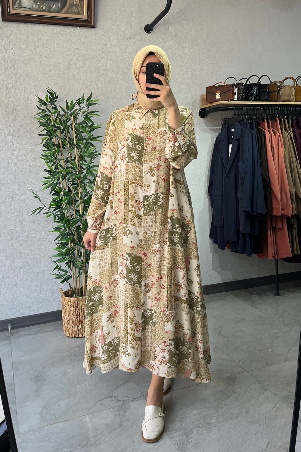 Tığ Triko Saten Dokulu Elbise Olive