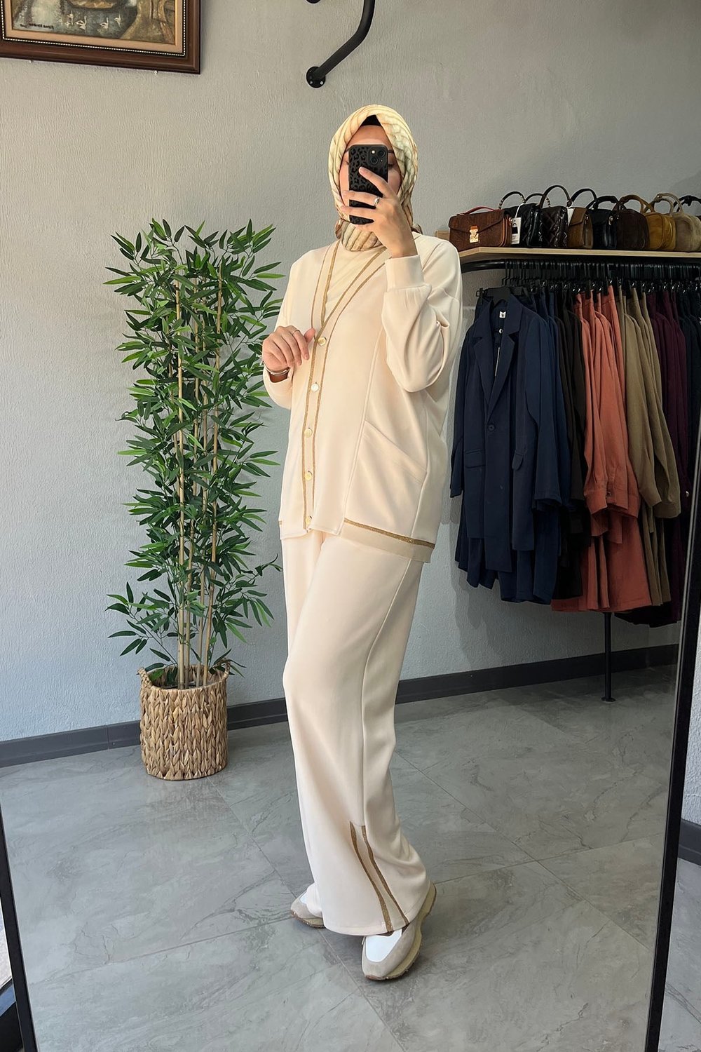 Tığ Triko Sim Detaylı Pantolonlu Takım Bej