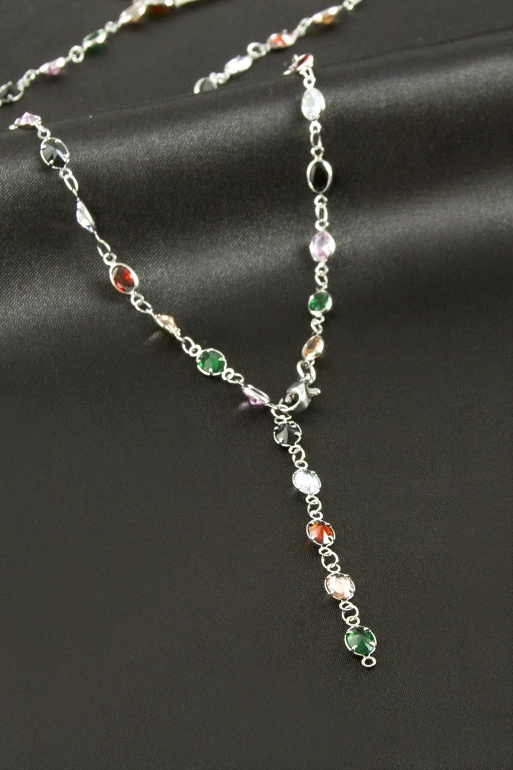 Oval Zirkon Taşlı Çelik Y Kolye