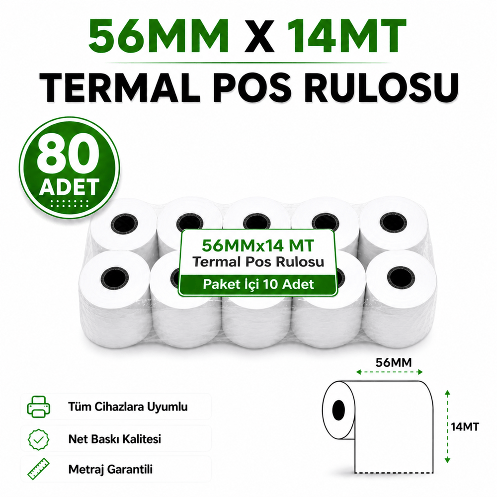 56MM x 14MT 80 Adet Yazarkasa / Termal Pos Rulosu 
