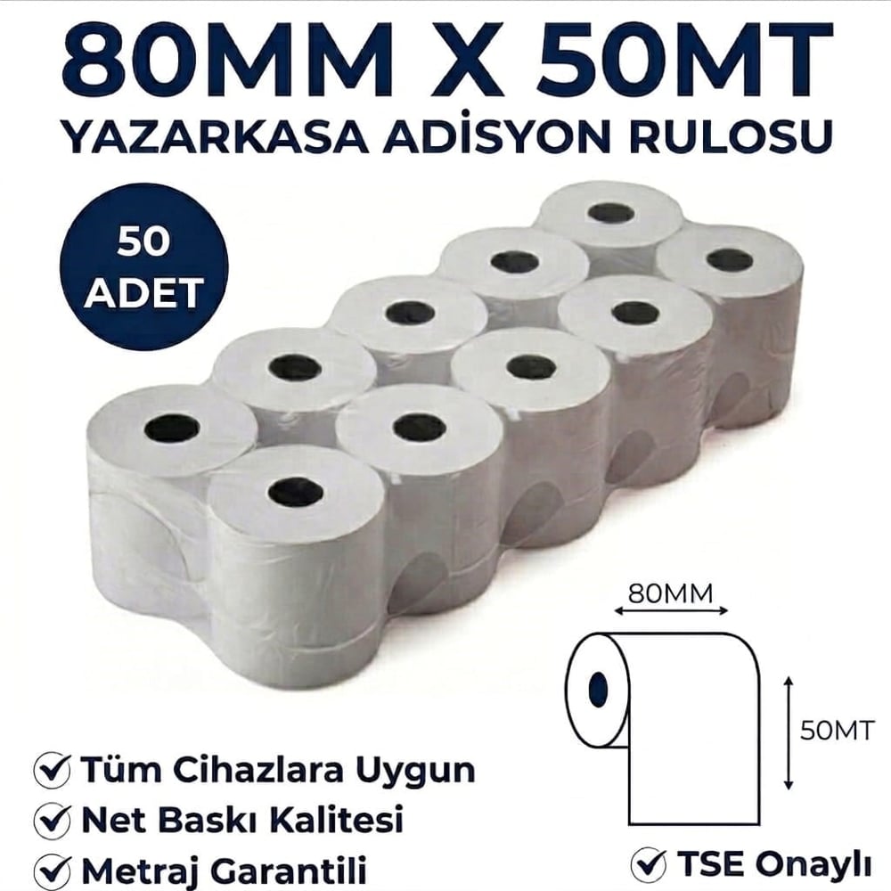 Yazarkasa / Termal Adisyon Fişi Pos Rulosu 80 MM x 50 MT 50 Adet