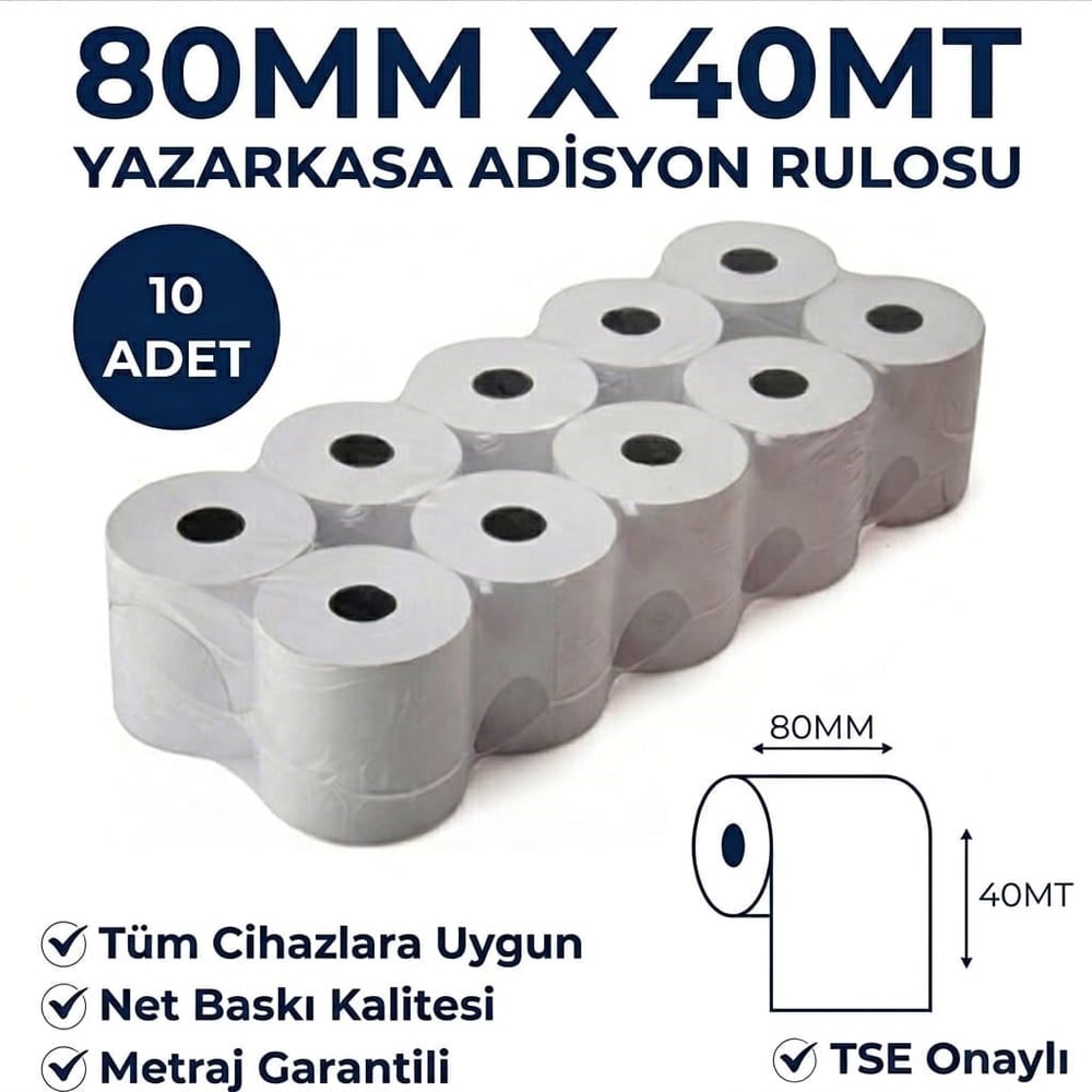 Yazarkasa / Termal Adisyon Fişi Pos Rulosu 80 MM x 40 MT 10 Adet