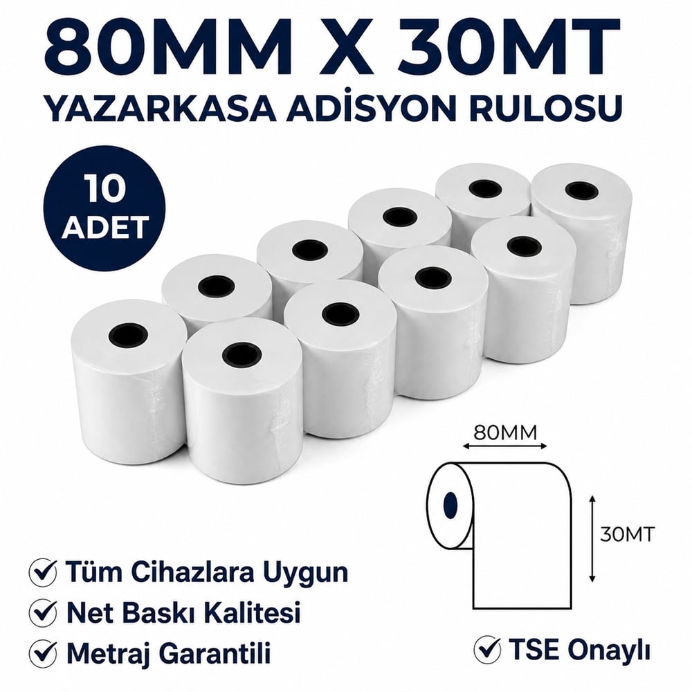 Yazarkasa / Termal Adisyon Fişi Pos Rulosu 80 MM x 30 MT 10 Adet