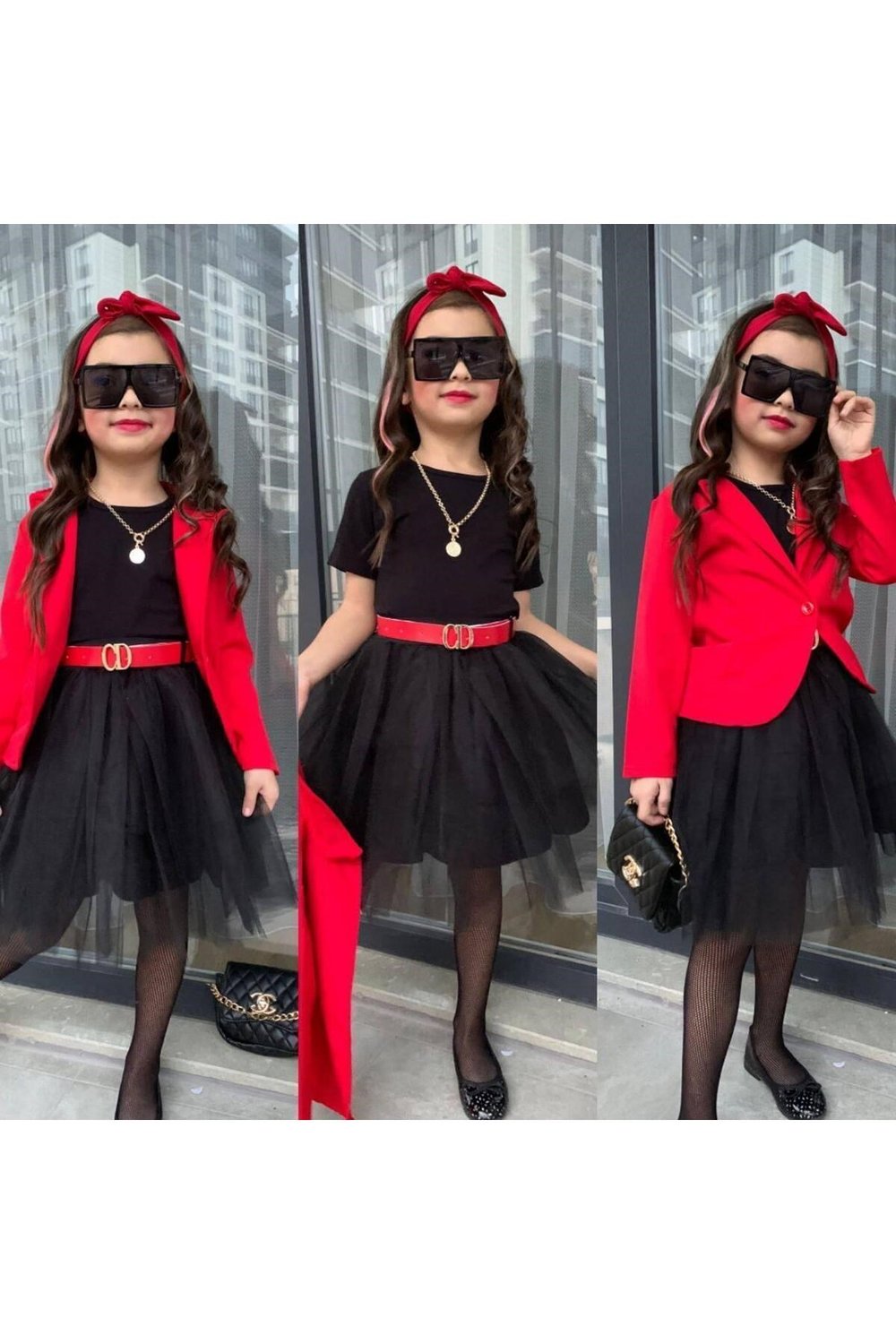 KIZ ÇOCUK CEKET , BADİ , ETEK , KEMER 4 PARÇA KOMBİN TAKIM