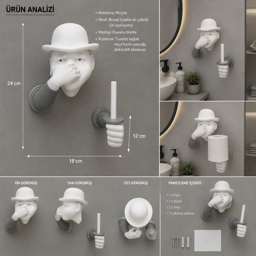 3D İnsan Figürlü Tuvalet Kağıdı Askılığı – Eğlenceli Banyo Dekoru Gri