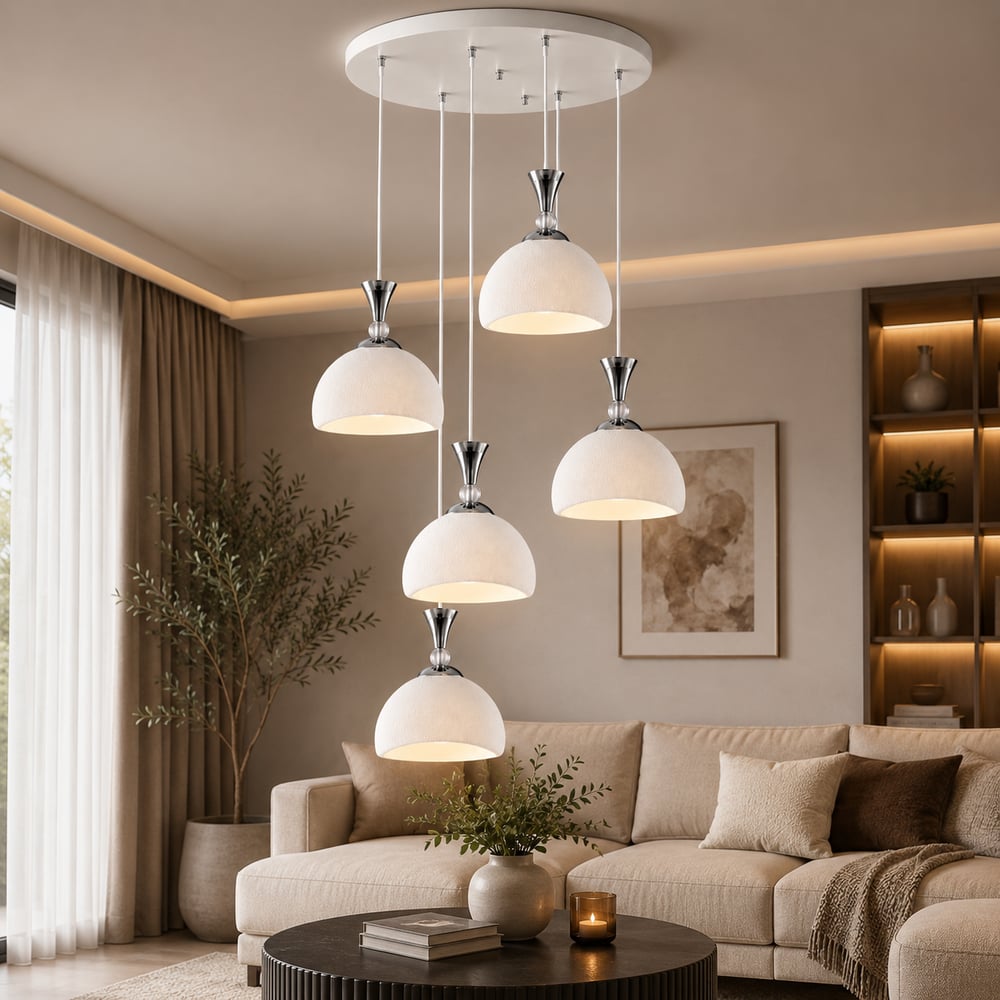 5li Modern Sarkıt Avize – Beton Görünümlü 3D Dekoratif Tavan Aydınlatması Beyaz