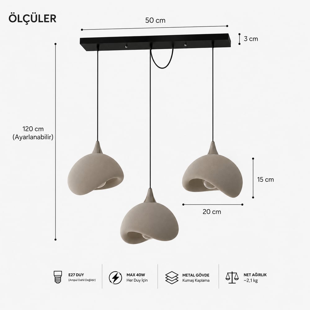 Beton Görünümlü 3D PLA Plastik İskandinav Tarz Sarkıt Avize – Salon ve Cafe İçin 61-70 CM Beyaz