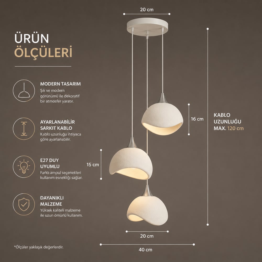 Beton Görünümlü İskandi̇nav Tarzi Salon Oturma Odası 3lü Avize 32 X 70 CM Beyaz