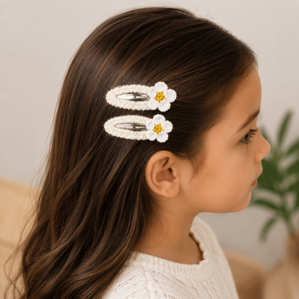 El Örgüsü Çiçek Tasarımlı Bebek ve Çocuk Tokası 2li Set Krem