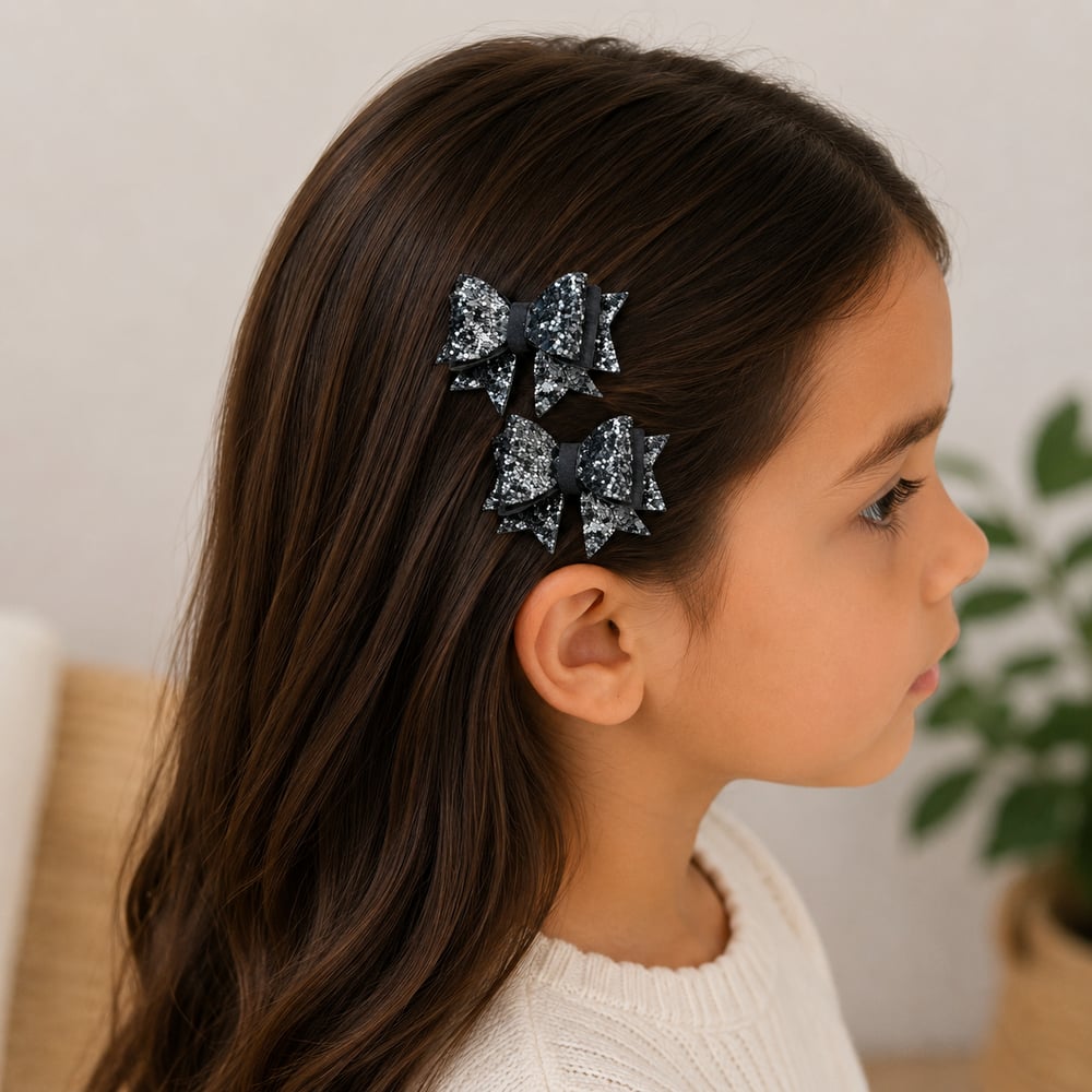 El Yapımı Işıltılı Suni Deri Glitter Toka Seti 2li Fiyonk Gri