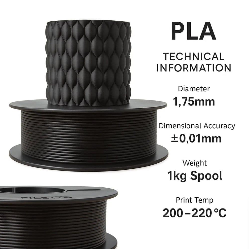 Filetto PLA+ 3D Filament – 1.75mm – 1KG – AMS Uyumlu Siyah
